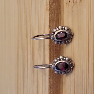 Vintage Sterling Silver Garnet Stone Dangle Drop Earrings